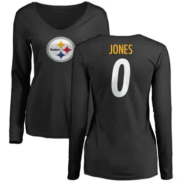 Women's Steven Jones Pittsburgh Steelers Name & Number Logo Slim Fit Long Sleeve T-Shirt - Black